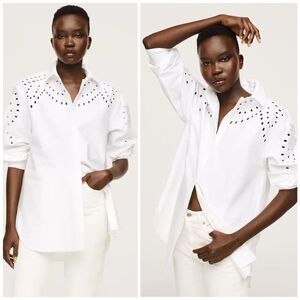 Mango Poplin Cotton Openwork Embroidered Shirt New